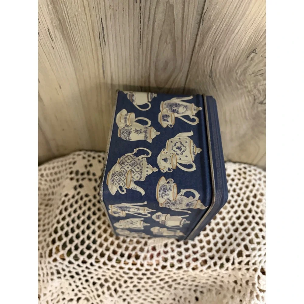 Vintage Tea Party Girl and Teddy Bear Decorative Metal Storage Tin Navy Blue